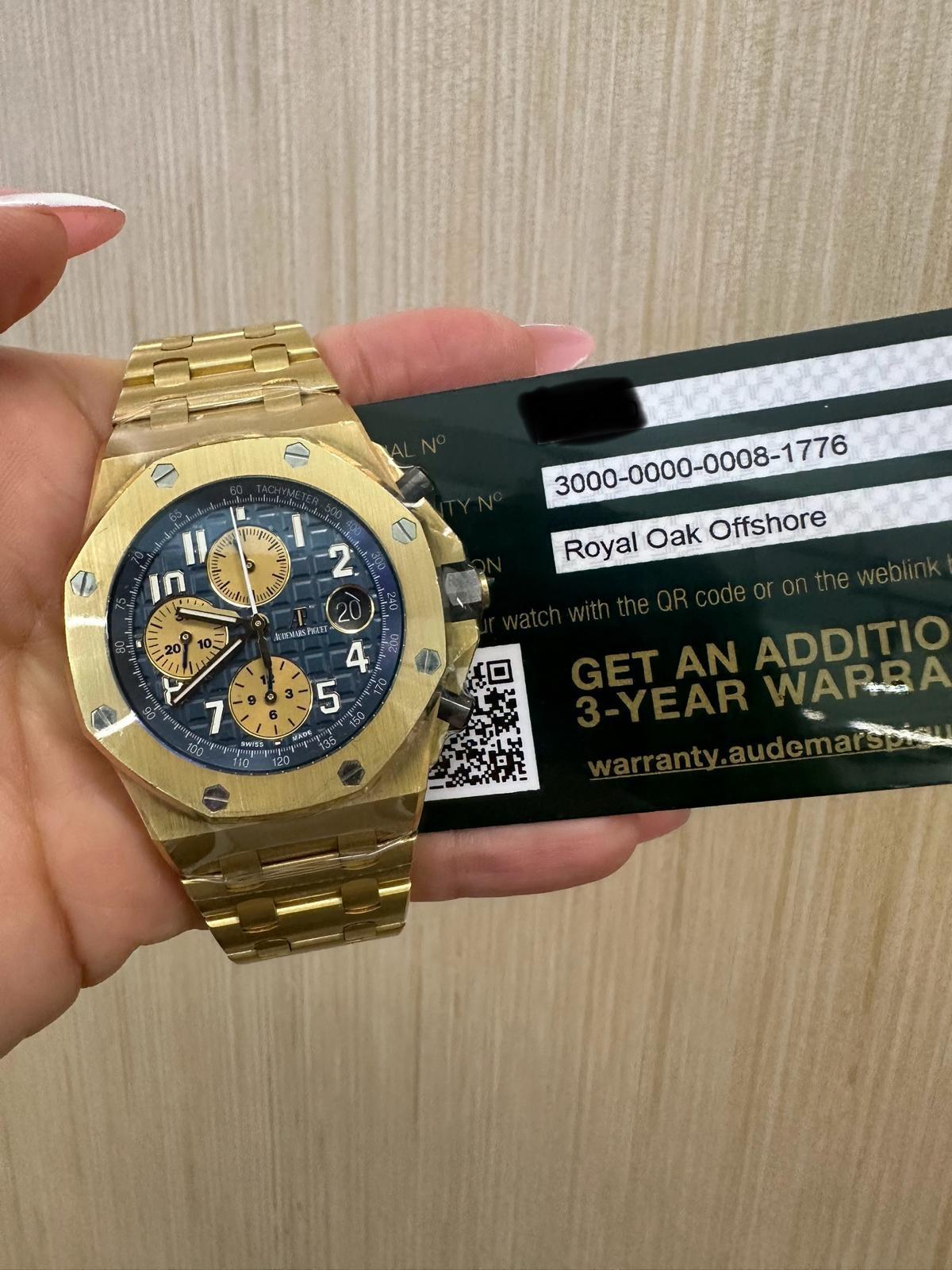 Audemars Piguet Royal Oak Offshore Chronograph 42mm – Yellow Gold – Blue Méga Tapisserie Dial – Screw-Locked Bezel – Yellow Gold Bracelet – 26470BA.OO.1000BA.01 – 2018